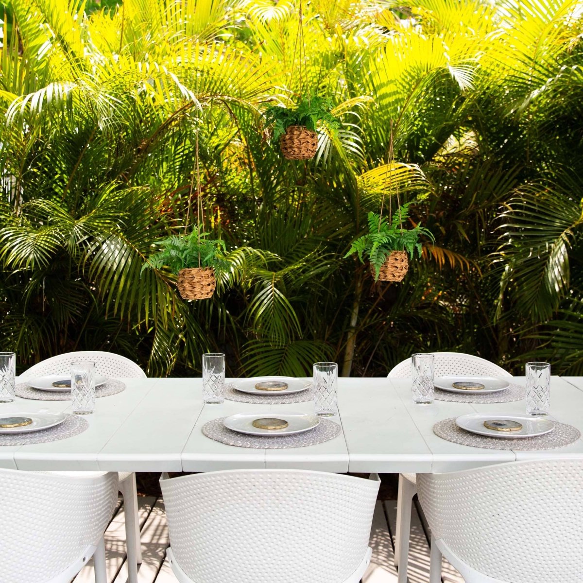10” UV Resistant Artificial Boston Fern in Hanging Wicker Basket Displayed in Restaurant
