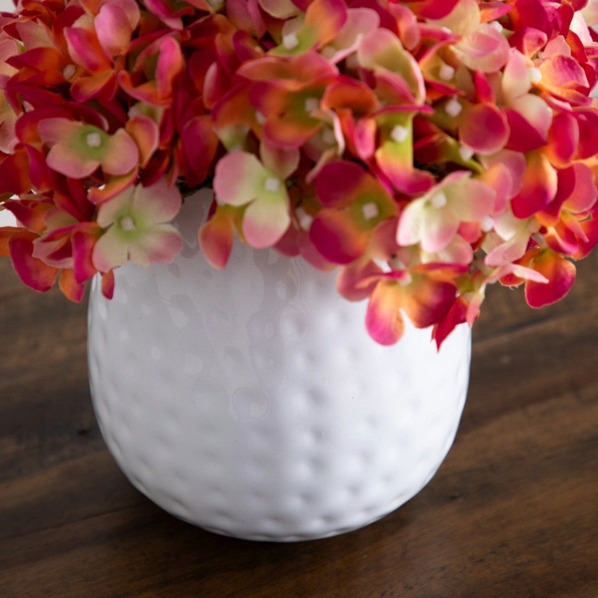 11” Artificial Hydrangea Arrangement in White Metal Vase - Ed's Plant Shop