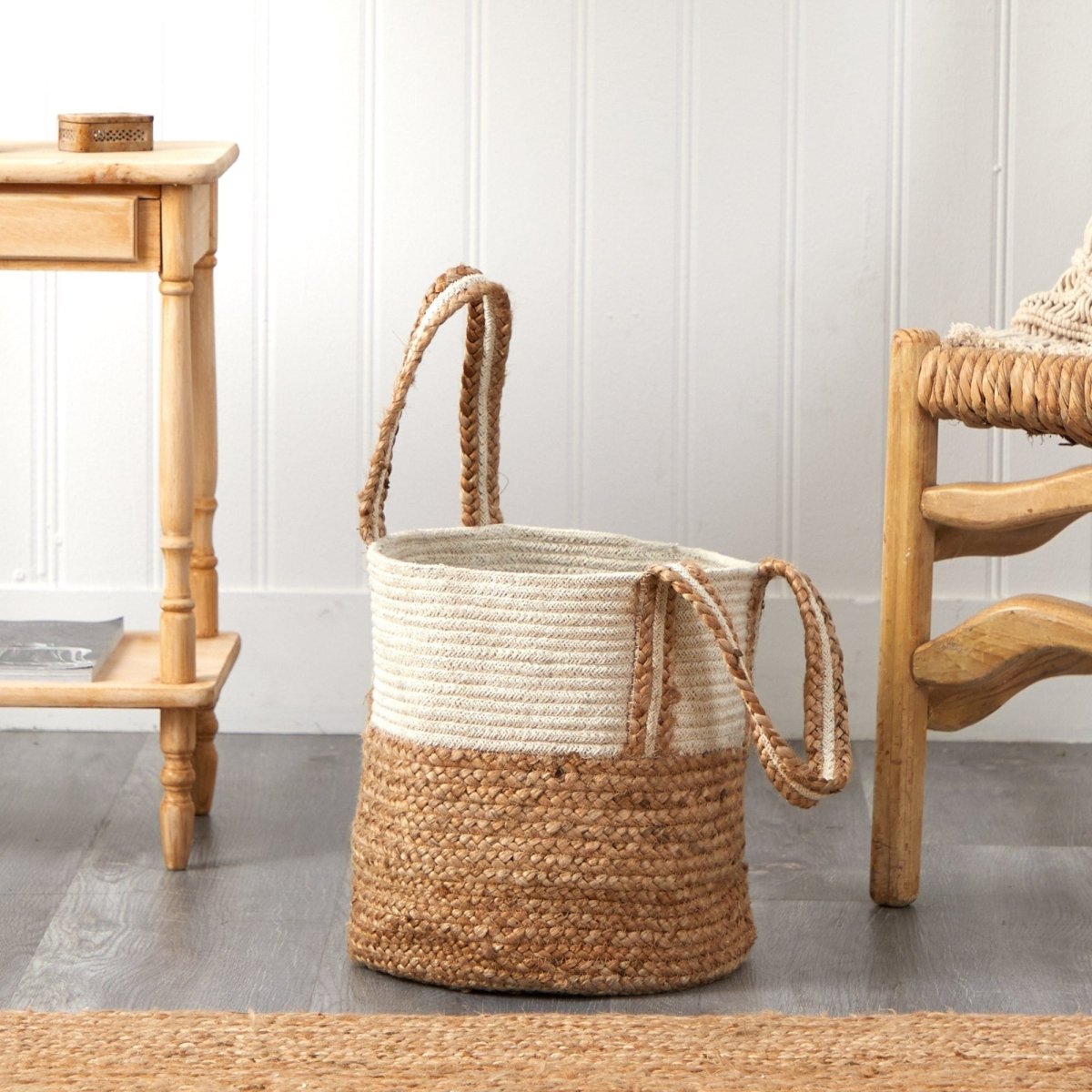 14” Boho Chic Basket Natural Cotton and Jute with Handles - Ed's Plant Shop