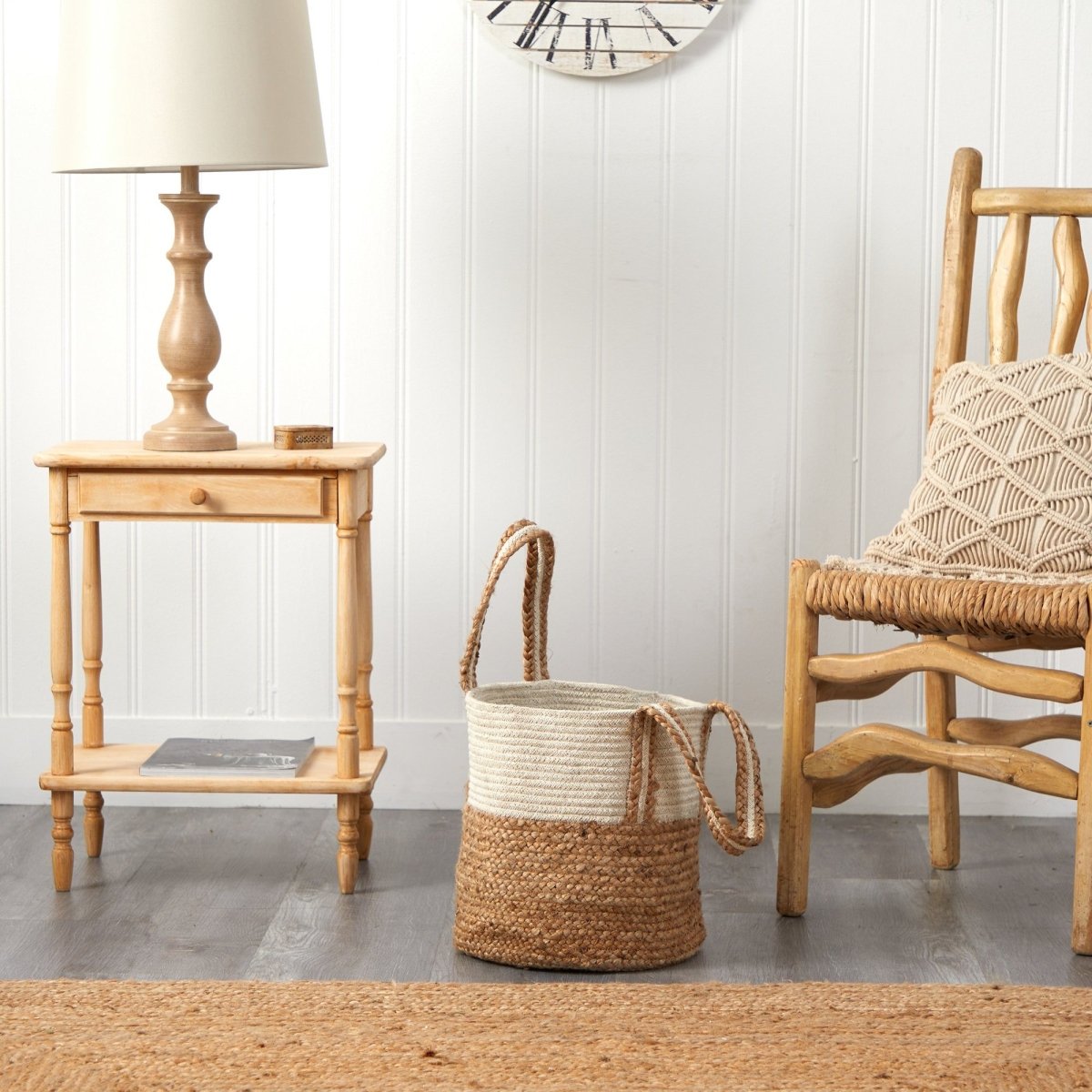 14” Boho Chic Basket Natural Cotton and Jute with Handles - Ed's Plant Shop