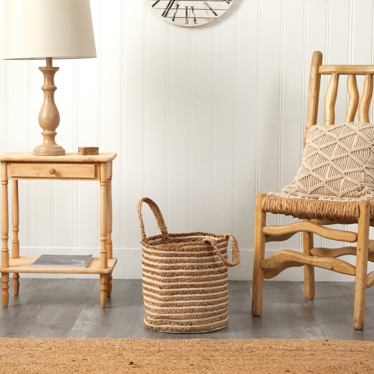 14” Boho Chic Basket – Natural Cotton & Jute with Handwoven Stripe and Handles - Ed's Plant Shop