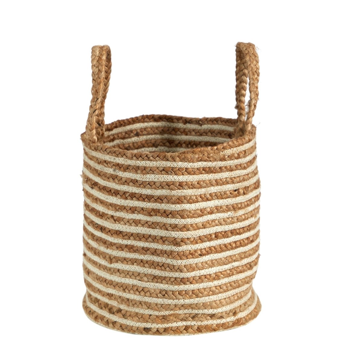 14” Boho Chic Basket – Natural Cotton & Jute with Handwoven Stripe and Handles - Ed's Plant Shop