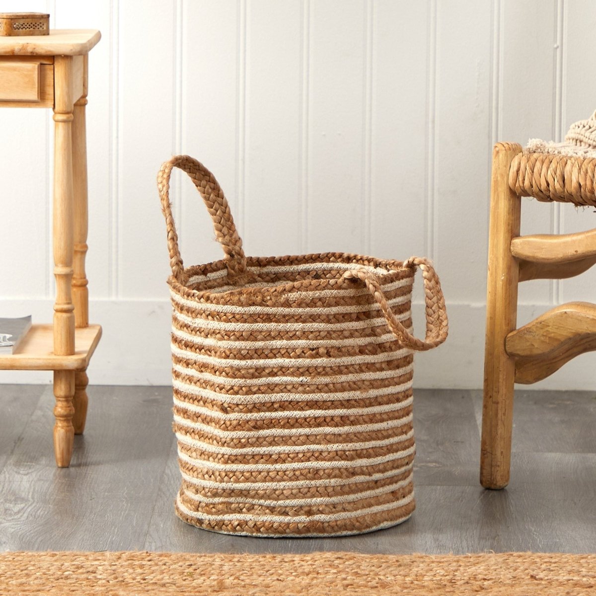 14” Boho Chic Basket – Natural Cotton & Jute with Handwoven Stripe and Handles - Ed's Plant Shop