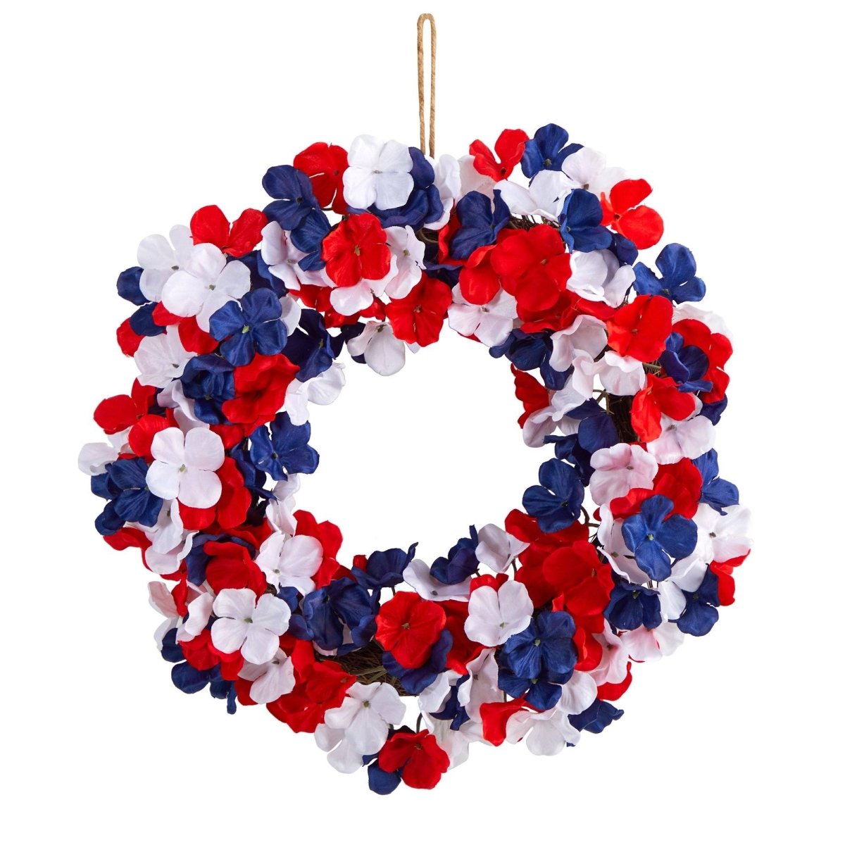 18” Americana Patriotic Hydrangea Artificial Wreath Red White and Blue - Ed's Plant Shop