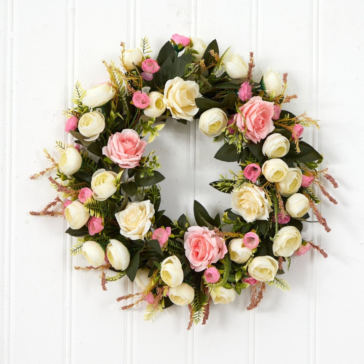 20” White & Pink Rose Artificial Wreath - Ed's Plant Shop