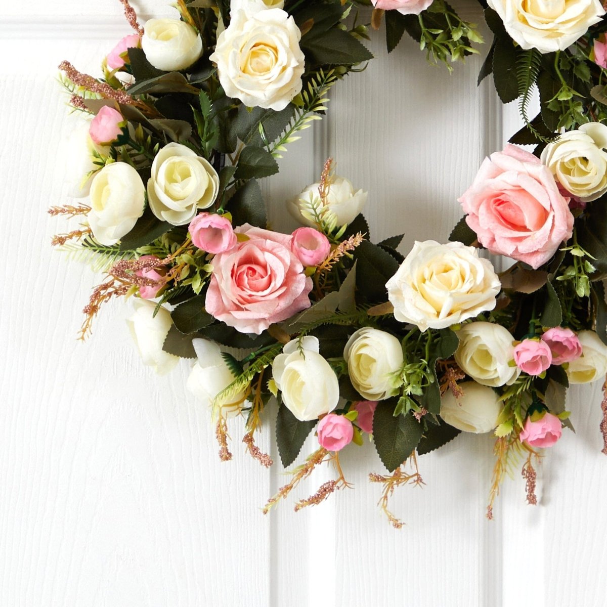 20” White & Pink Rose Artificial Wreath - Ed's Plant Shop