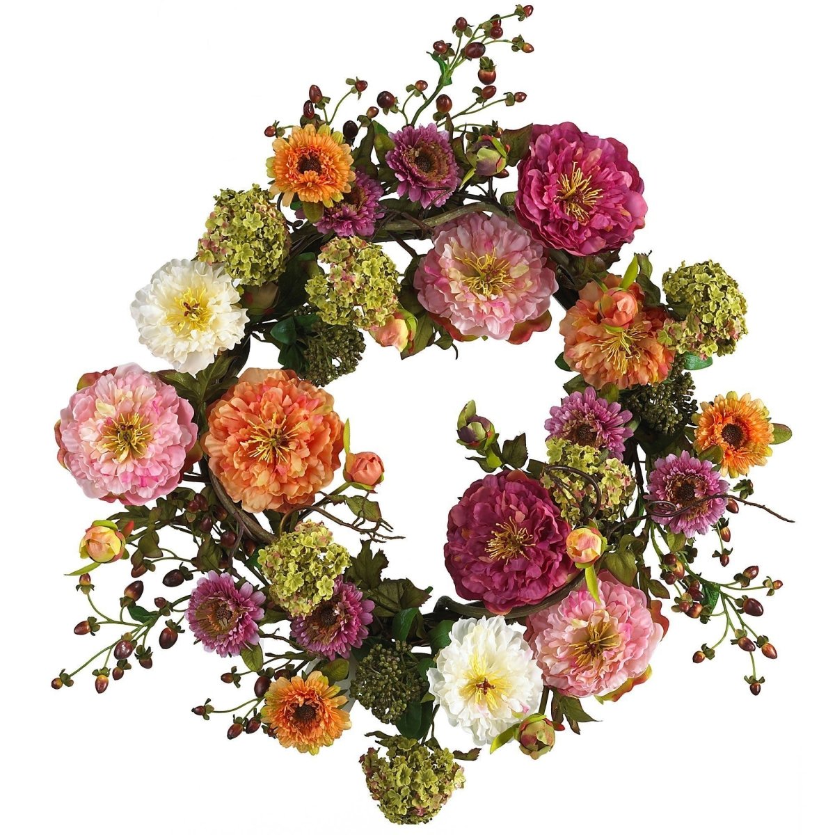 Colorful floral wreath with pink, orange, and white flowers on a white background