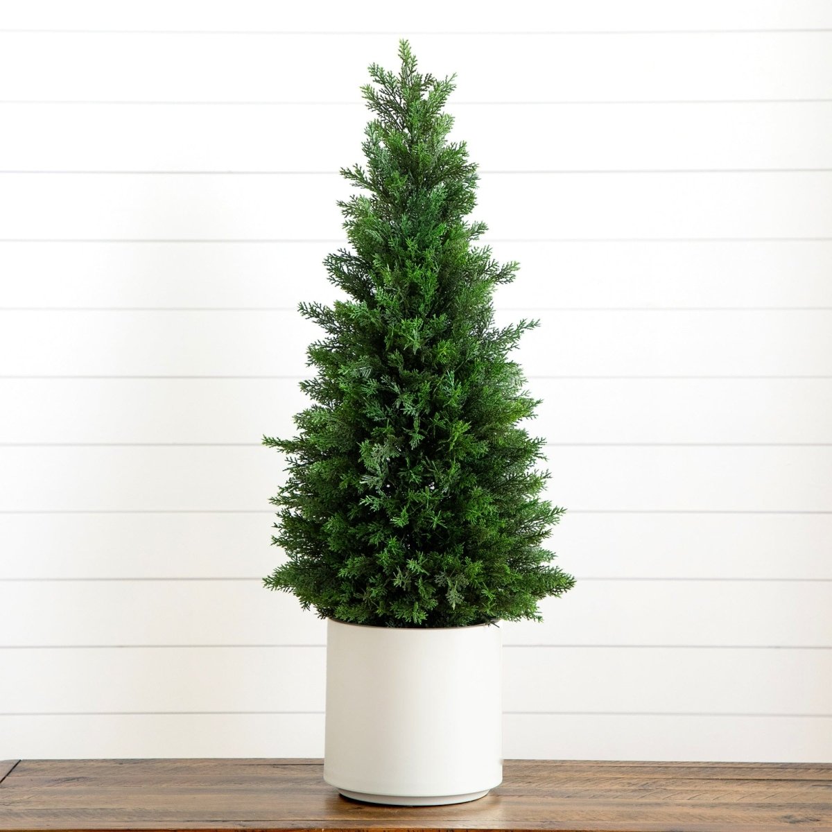 3’ Artificial Cedar Tree in White Planter UV Resistant (Indoor/Outdoor) - Ed's Plant Shop