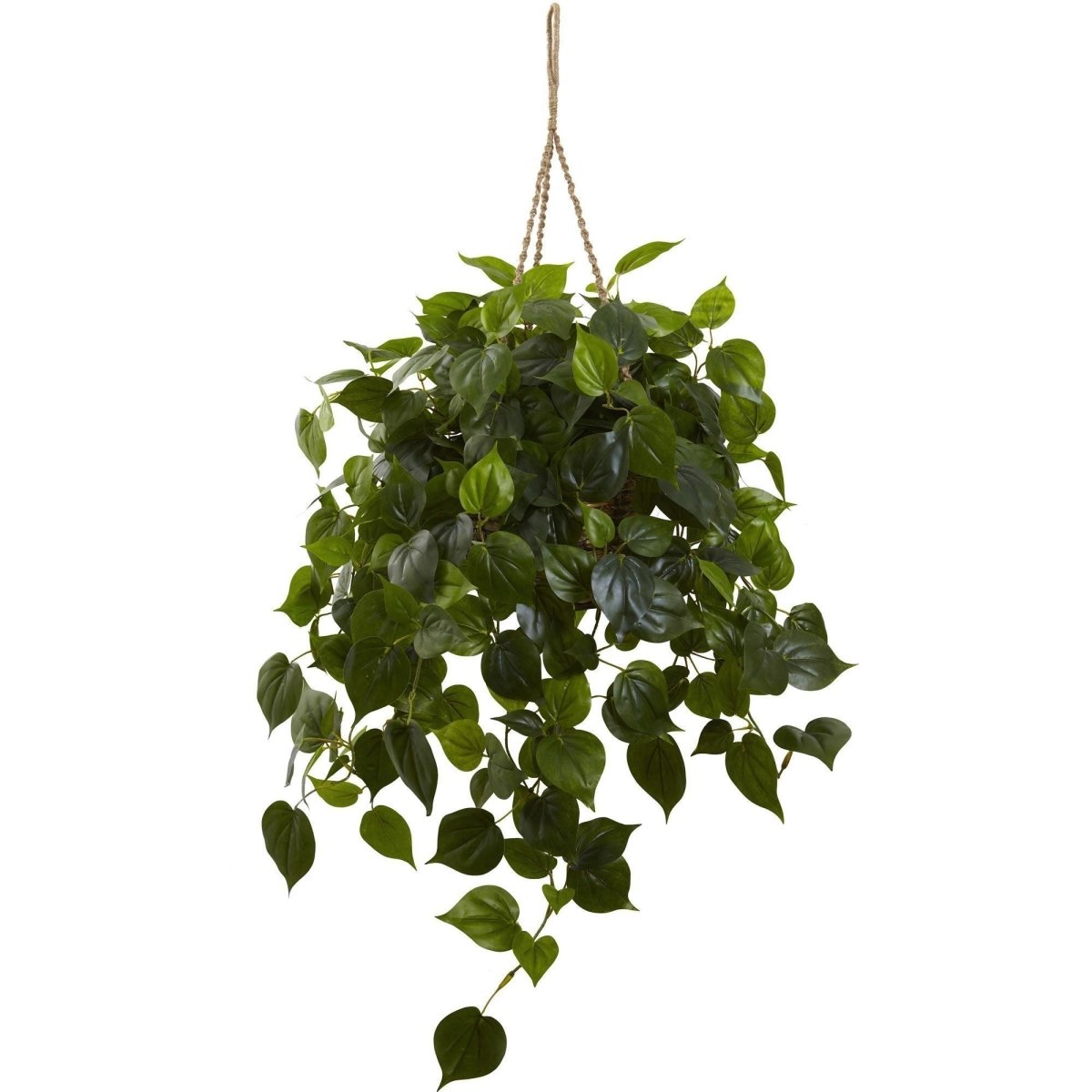 A hanging basket of artificial Philodendron leaves, UV resistant, suitable for indoor or outdoor settings.