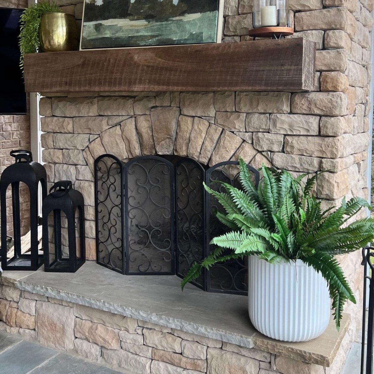 Decorative fireplace with stone surround, black metal screens, and a artificial potted fern on a stone ledge.