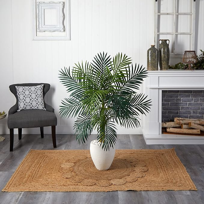 4.5′ Faux Golden Cane Palm Tree in White Oval Planter - Ed's Plant Shop