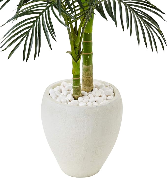 4.5′ Faux Golden Cane Palm Tree in White Oval Planter - Ed's Plant Shop
