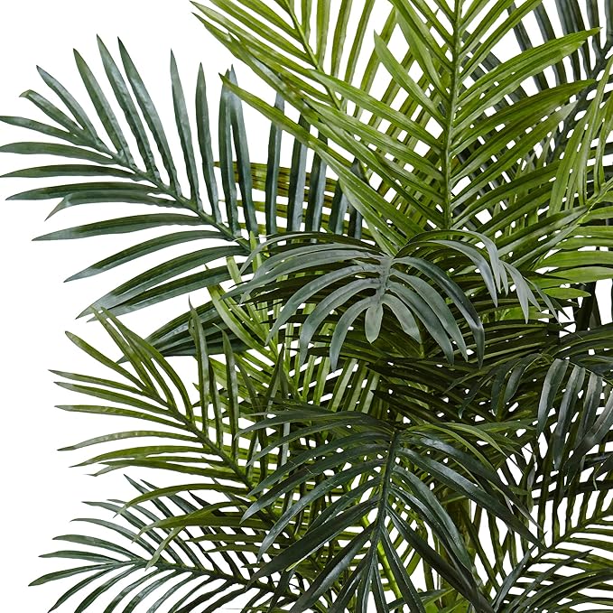 4.5′ Faux Golden Cane Palm Tree in White Oval Planter - Ed's Plant Shop