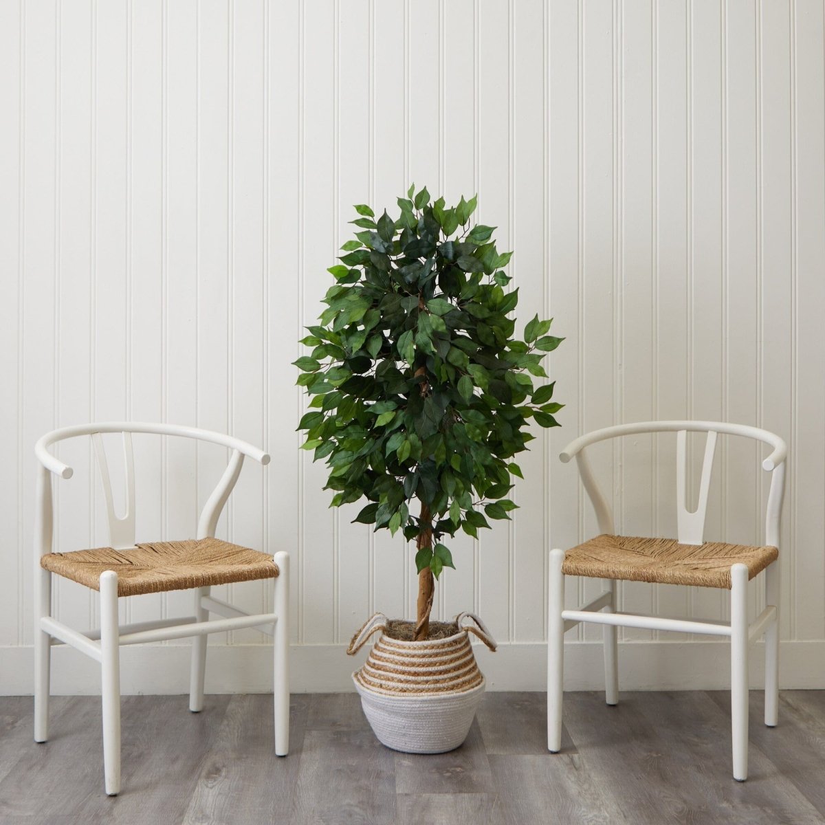 4.5 - ft Artificial Ficus Tree with Double Trunk in a Handmade Cotton & Jute Basket DIY KIT - Ed's Plant Shop
