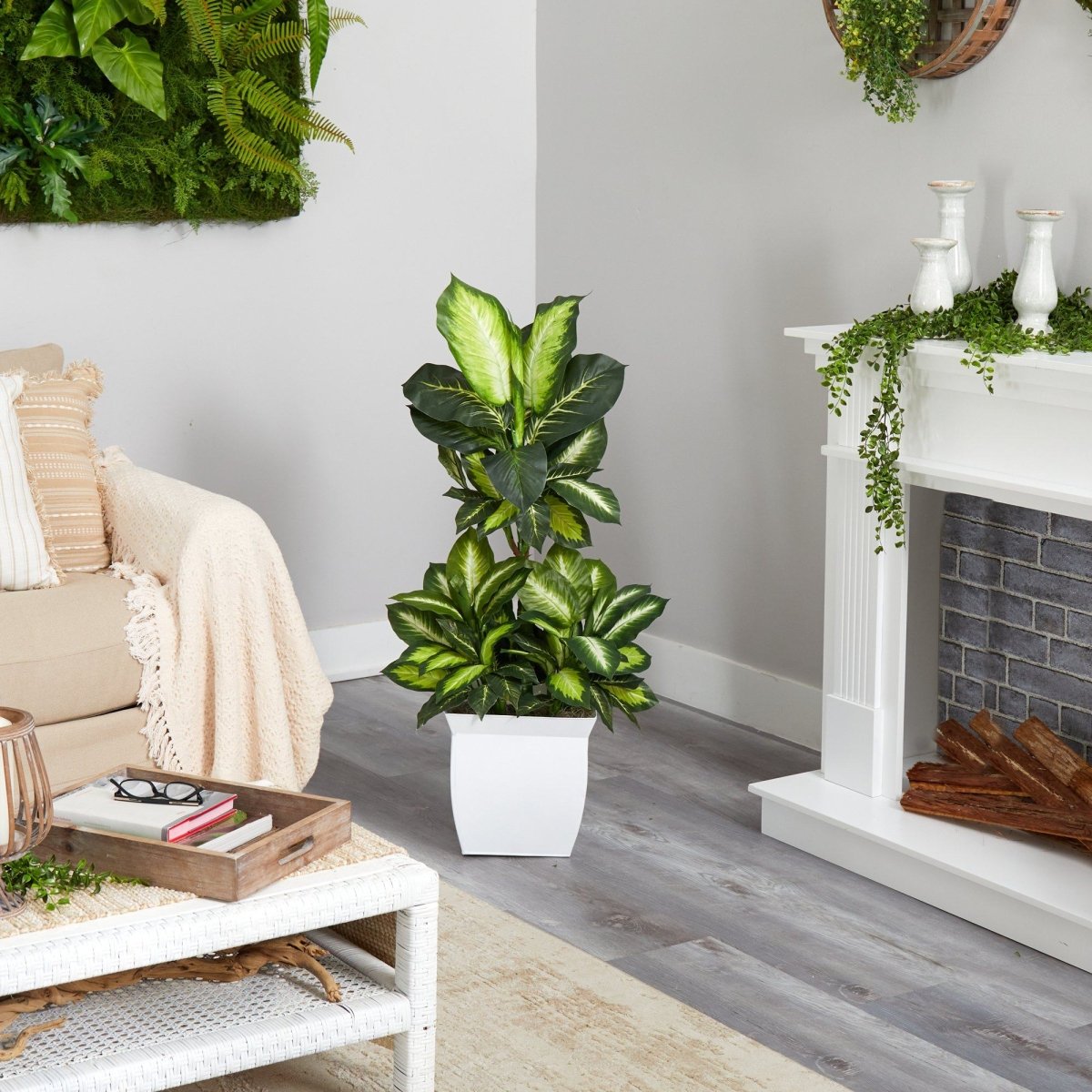 46” Golden Dieffenbachia Artificial Plant in White Metal Planter - Ed's Plant Shop