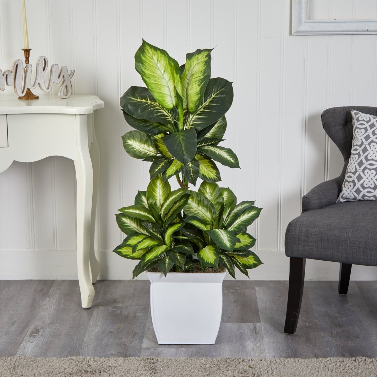 46” Golden Dieffenbachia Artificial Plant in White Metal Planter - Ed's Plant Shop