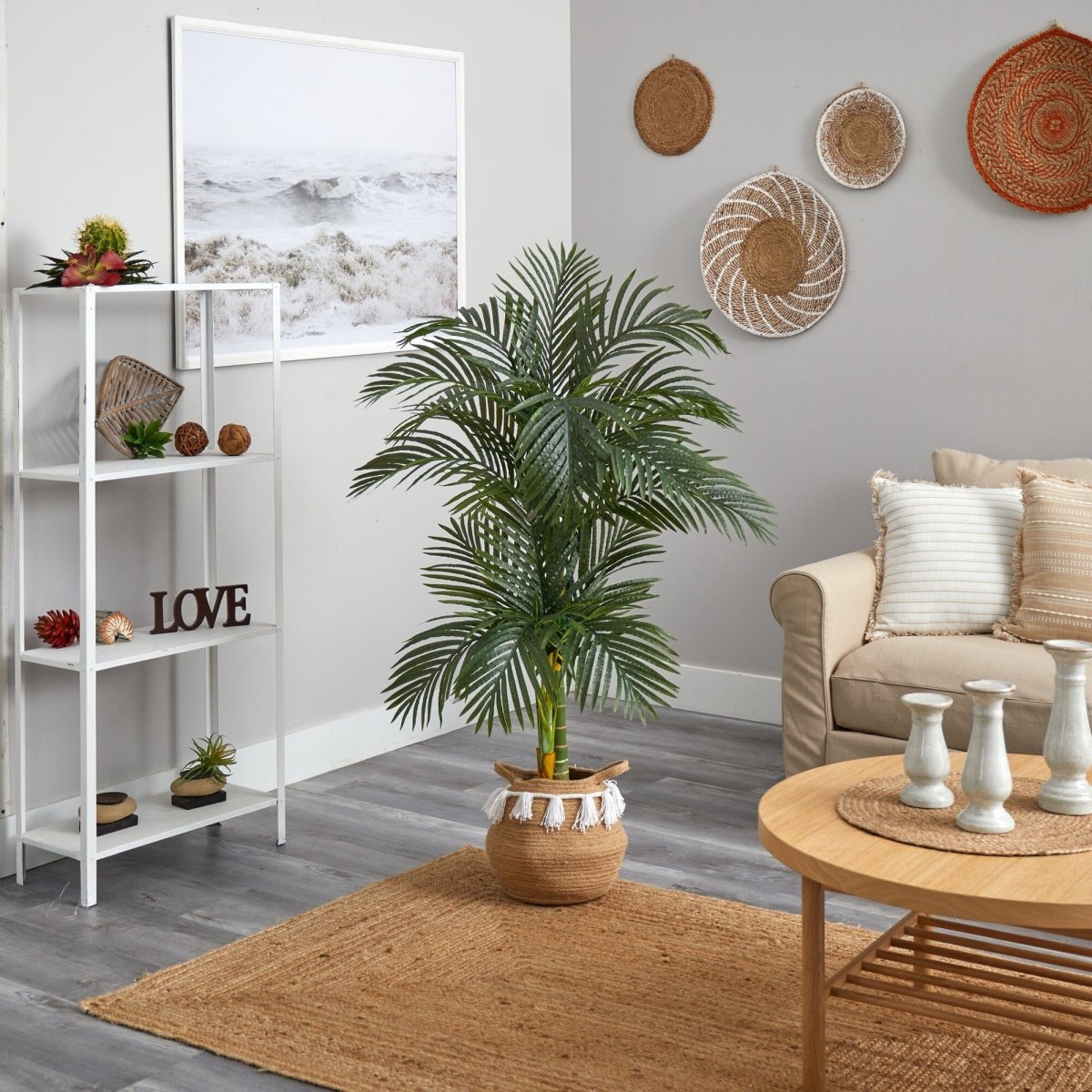 5' Artificial Golden Cane Palm Tree with Woven Cotton Basket - Ed's Plant Shop