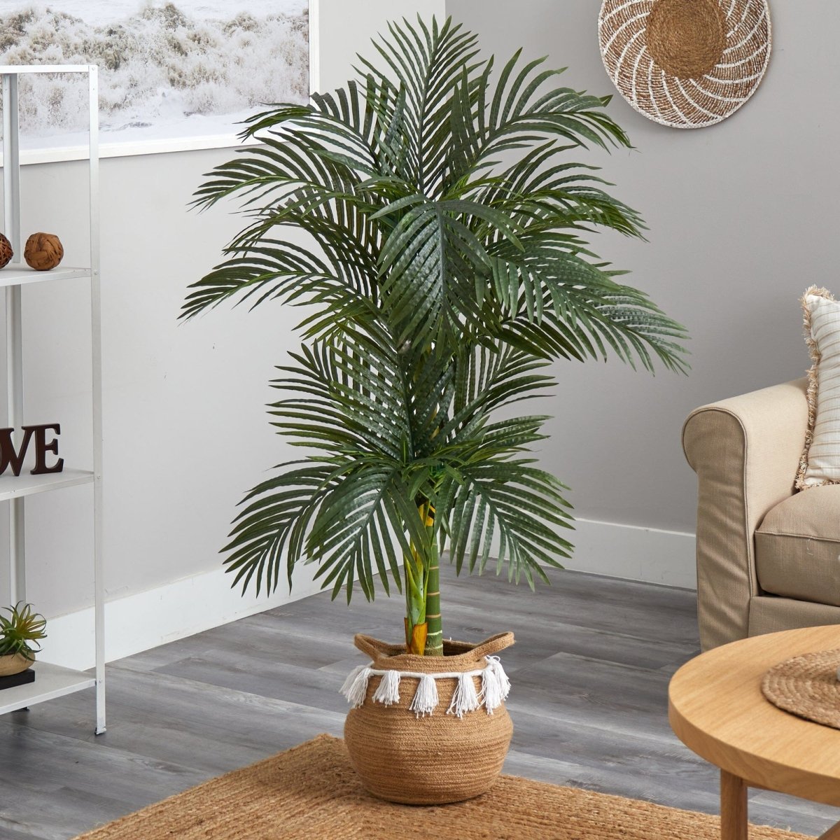 5' Artificial Golden Cane Palm Tree with Woven Cotton Basket - Ed's Plant Shop