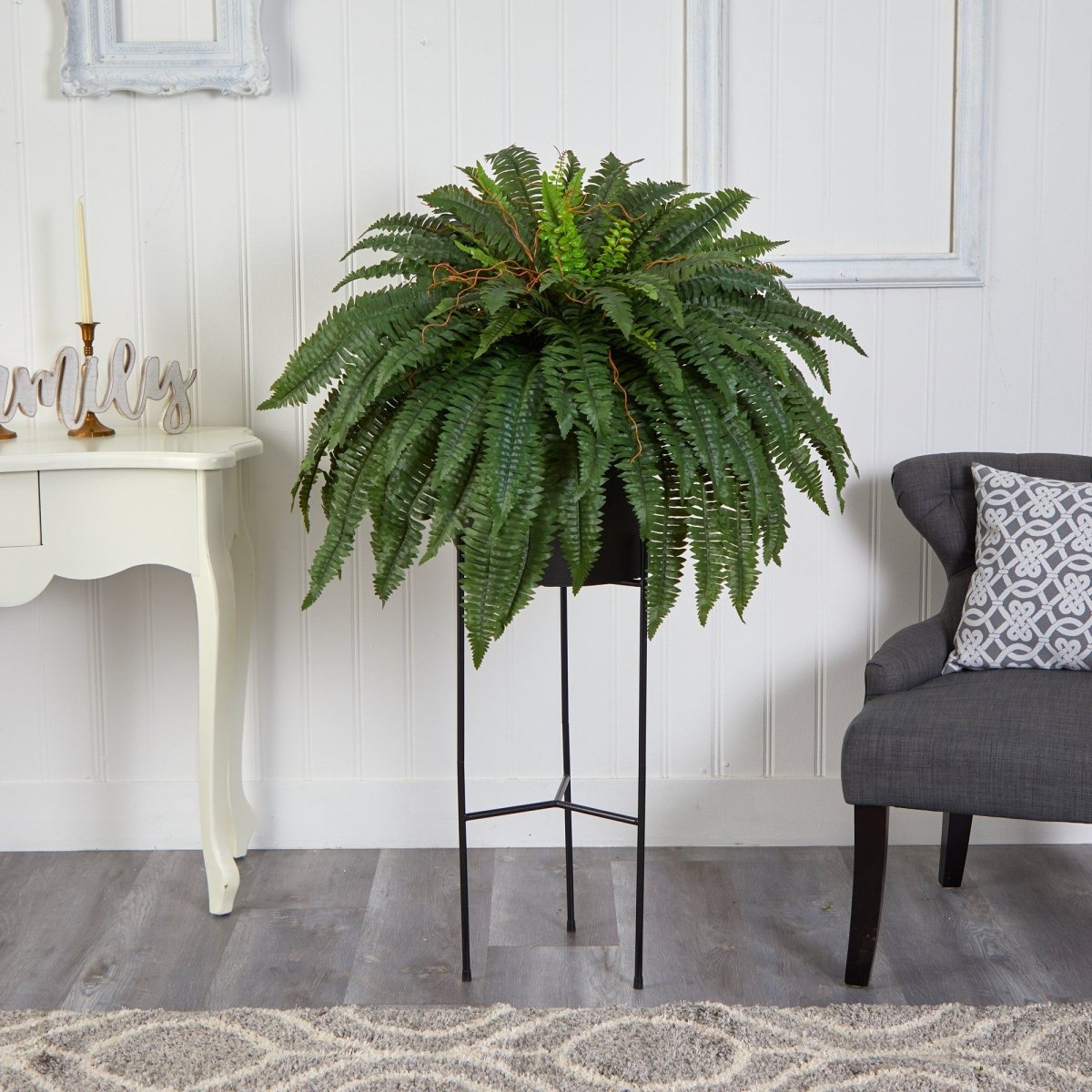 51” Boston Fern Artificial Plant in Black Planter with Stand | Cascading Faux Greenery - Ed's Plant Shop