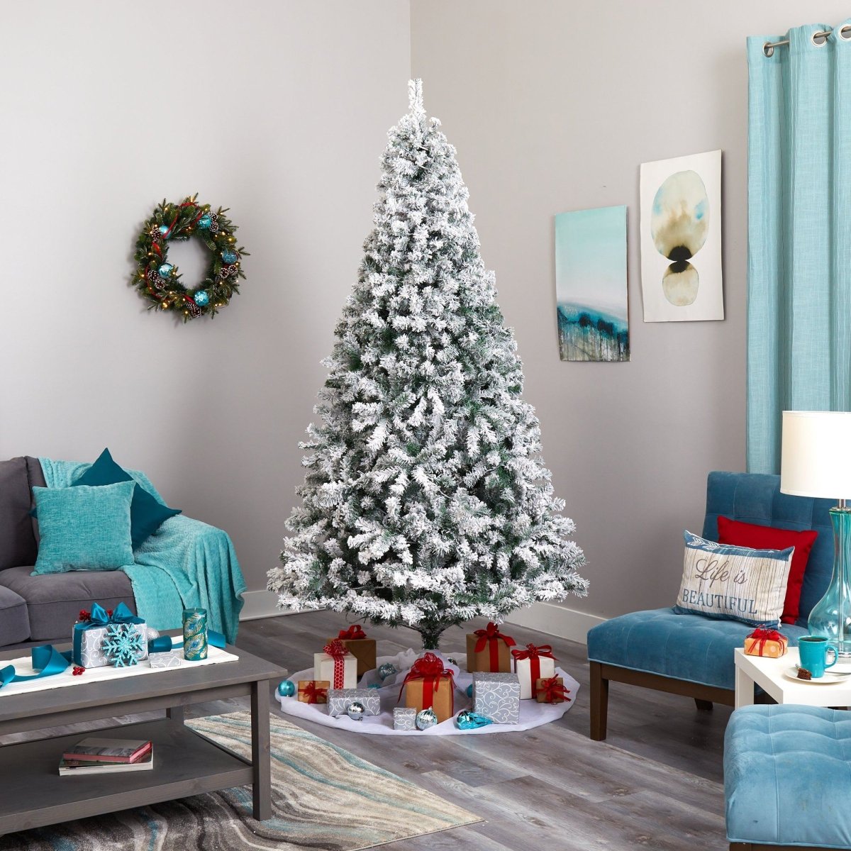 8’ Flocked Rock Springs Spruce Artificial Christmas Tree with 500 Clear LED Lights & 1186 Bendable Branches - Ed's Plant Shop