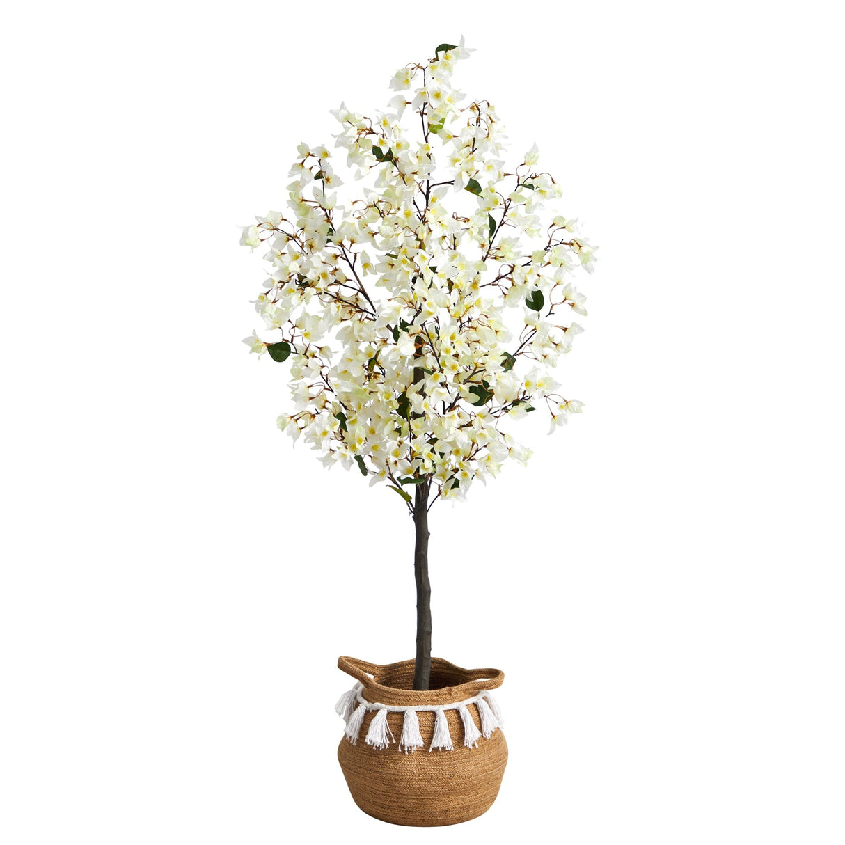 5’ Artificial Bougainvillea Tree | Handmade Jute & Cotton Basket with Tassels - Ed's Plant Shop