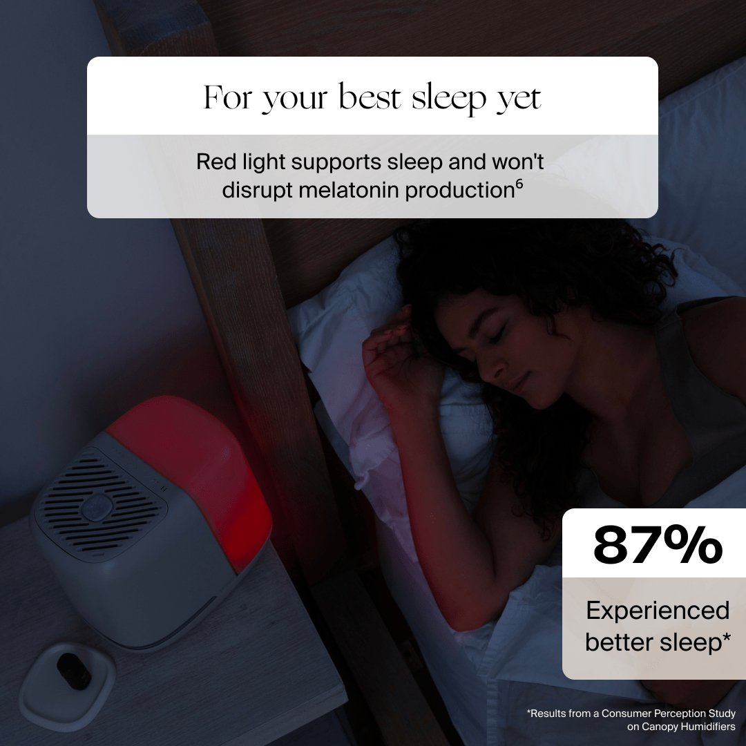 Canopy Bedside Humidifier 2.0 – running red sleep light and white noise mode for better skin and sleep