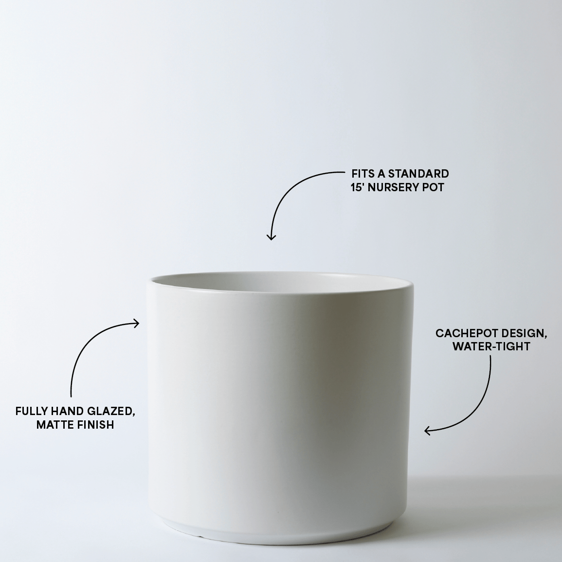 White pot with text describing its features on a white background