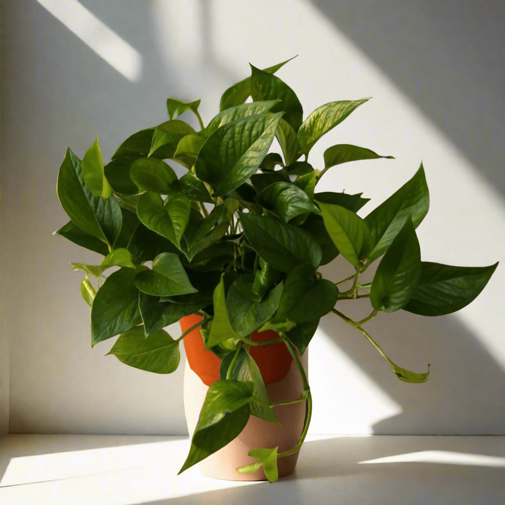 Epipremnum aureum Jade showing heart-shaped leaves in bright indirect light