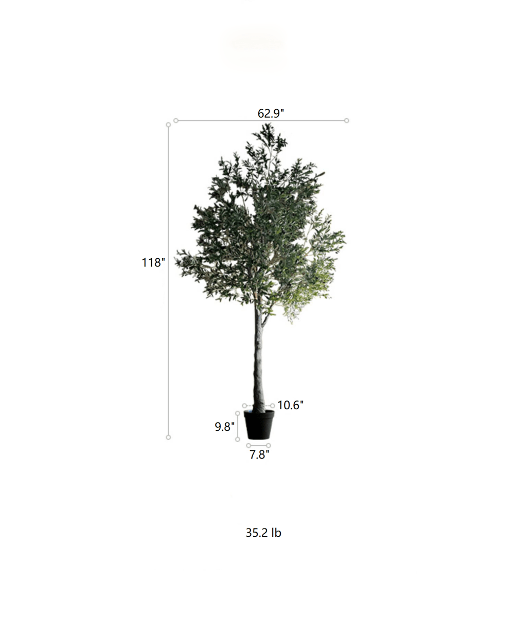 artificial olive tree Potted plant with dimensions labeled on a white background