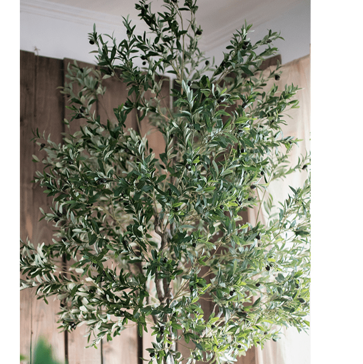 Close‑up of lifelike silk‑cloth olive tree foliage showing detailed green leaves