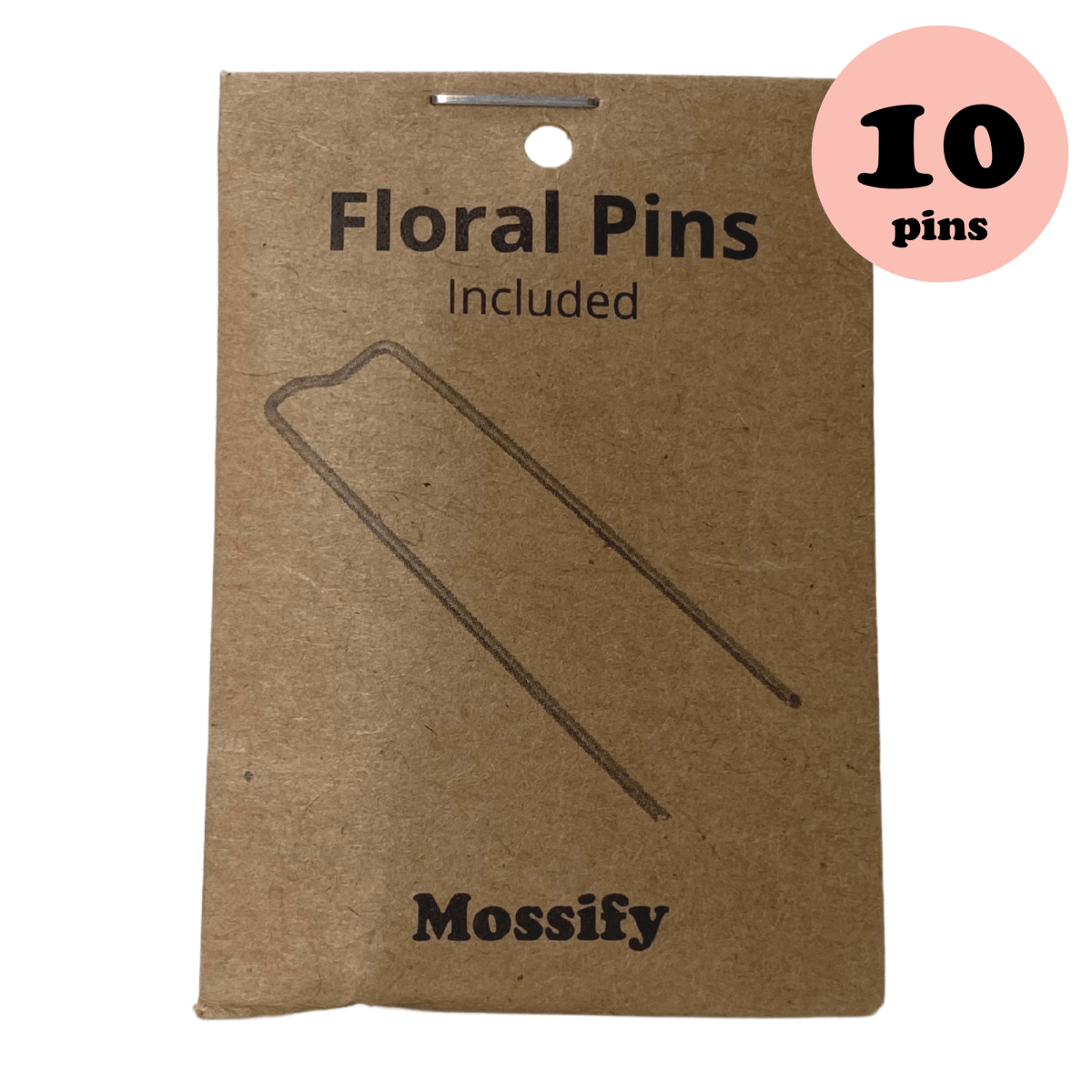 Mossify floral pins packaging with a brown cardboard backing and '10 pins' label.