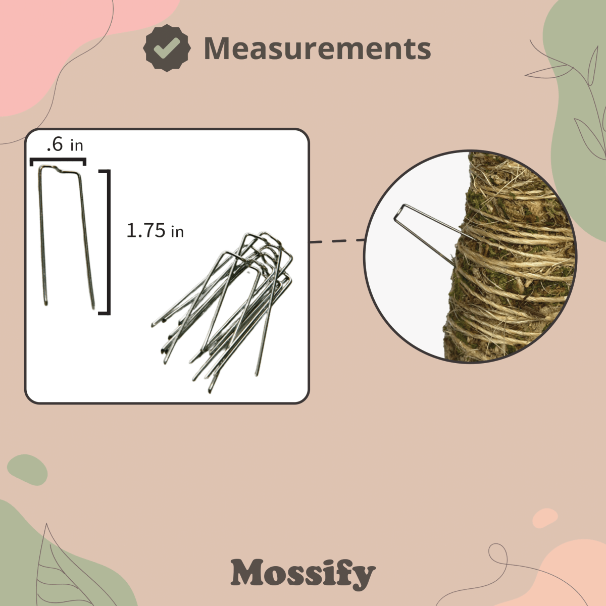 Mossify hair pins with measurements and close-up on a pink background