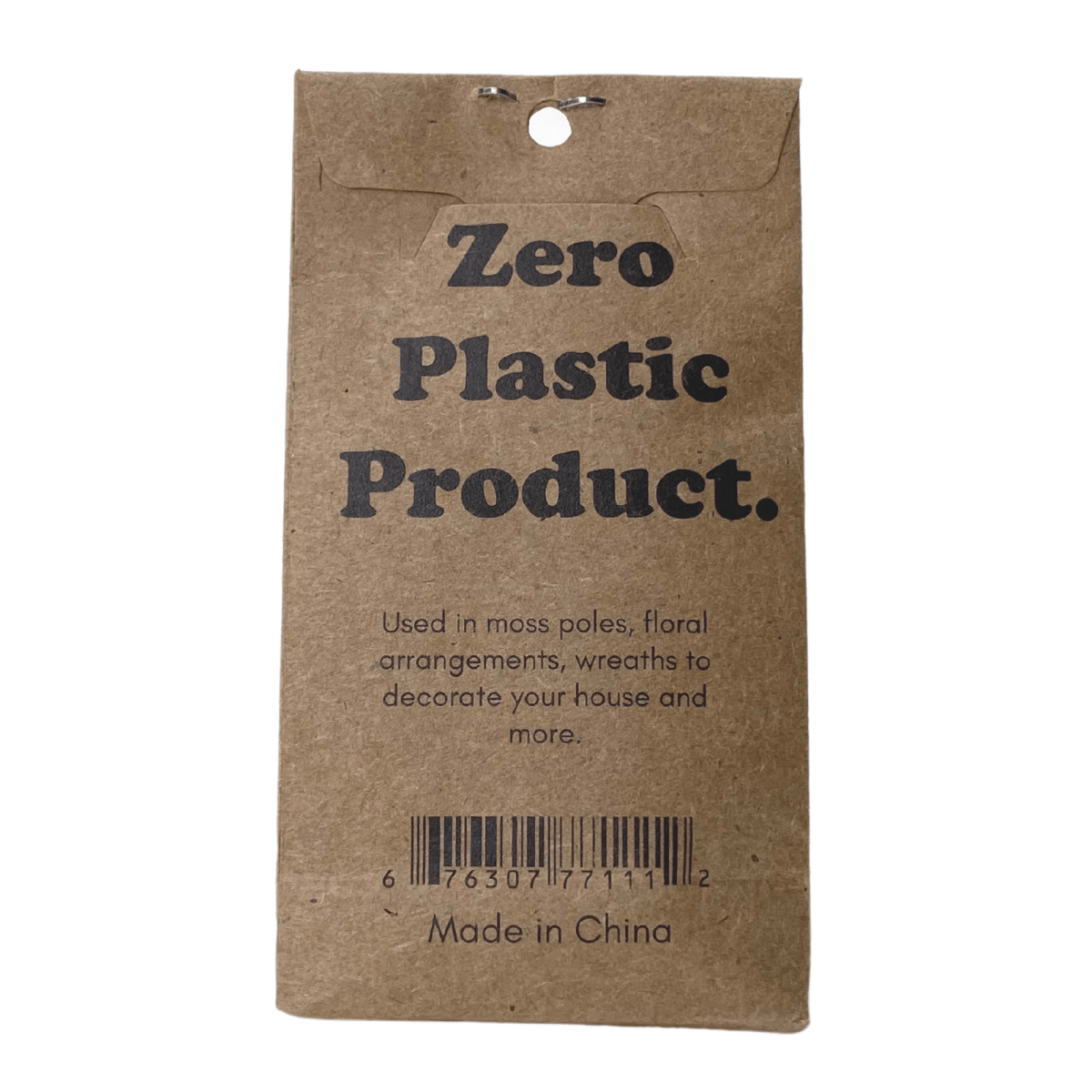 Kraft paper tag with 'Zero Plastic Product' text on a white background