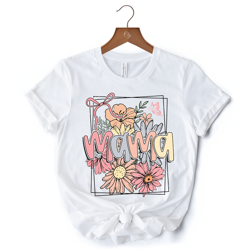 Floral Mama Coquette Bow Pastel T-Shirt, White and Natural Boho Tee With Spring Flower - Ed's Plant Shop