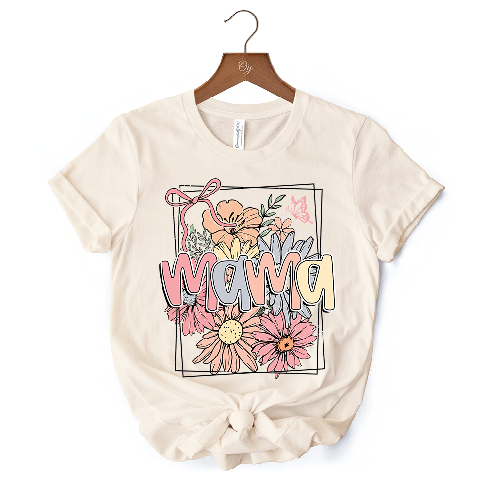 Floral Mama Coquette Bow Pastel T-Shirt, White and Natural Boho Tee With Spring Flower - Ed's Plant Shop
