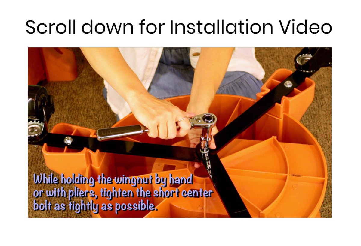 Person tightening a wingnut on an orange piece of equipment with text about an installation video.