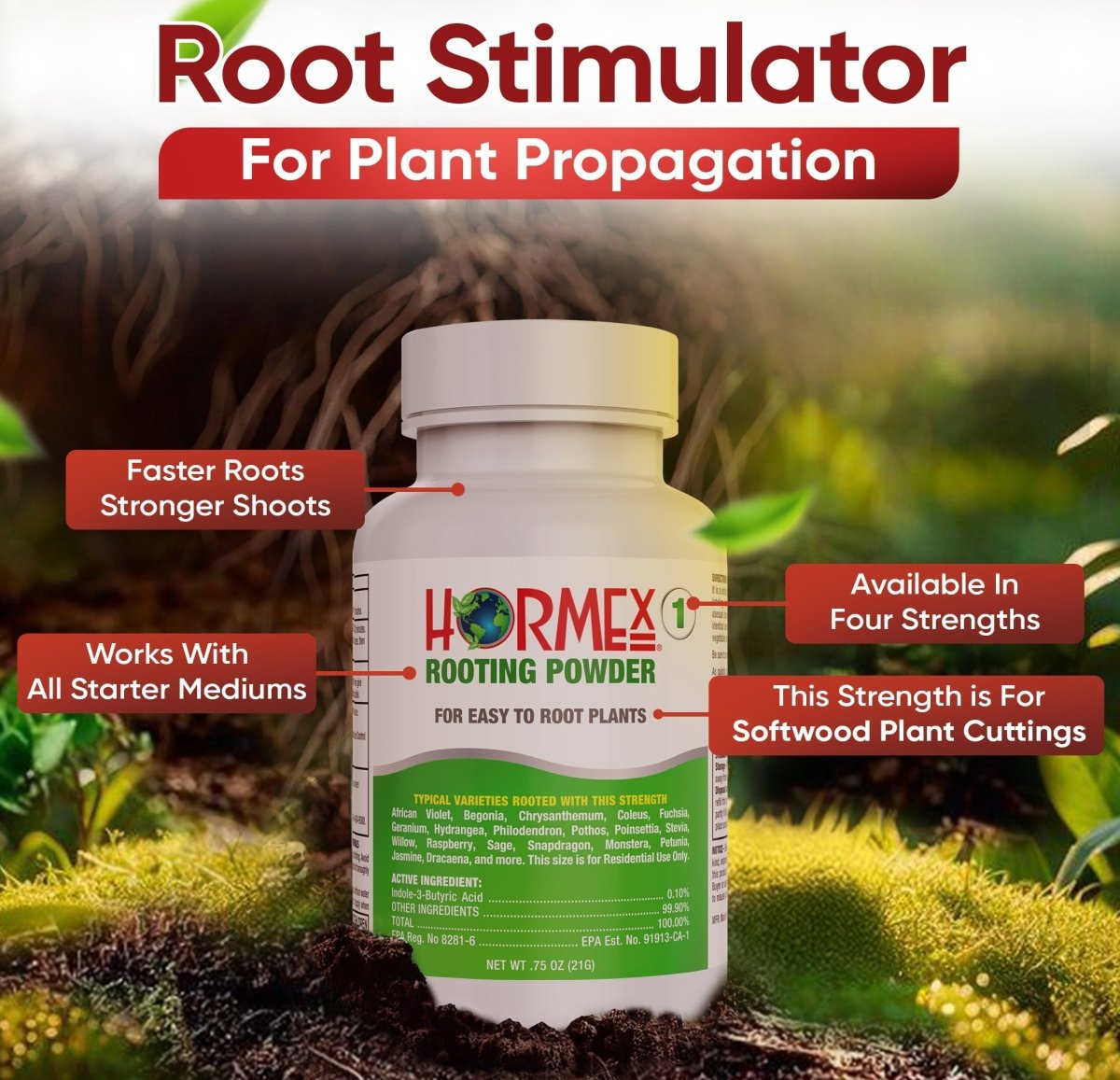 Hormex Rooting Powder 1 – 0.10% IBA Cloning & Rooting Hormone for Softwood, Herbs & Succulent Cuttings - Ed's Plant Shop