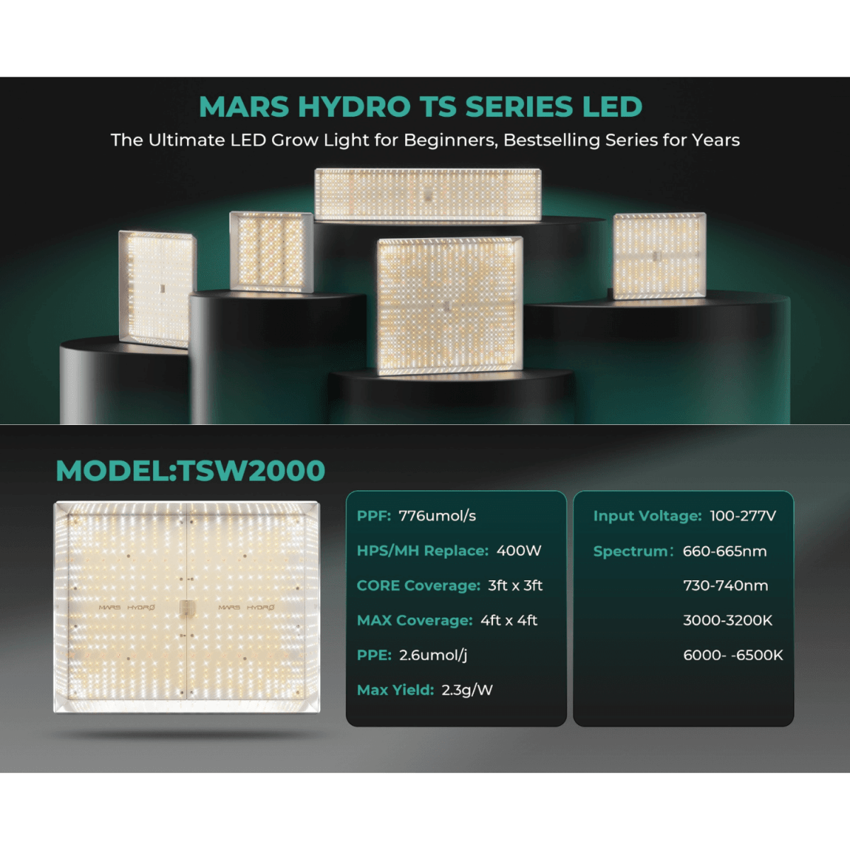 Mars Hydro TSW 2000 300W Dimmable Full Spectrum LED Grow Light - Ed's Plant Shop