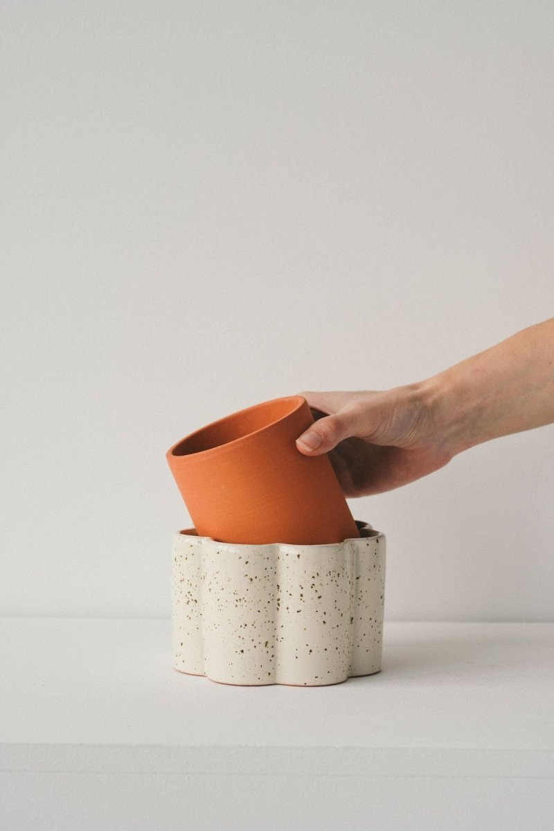 Paula Self - Watering Planter Pot – Speckled White - Ed's Plant Shop