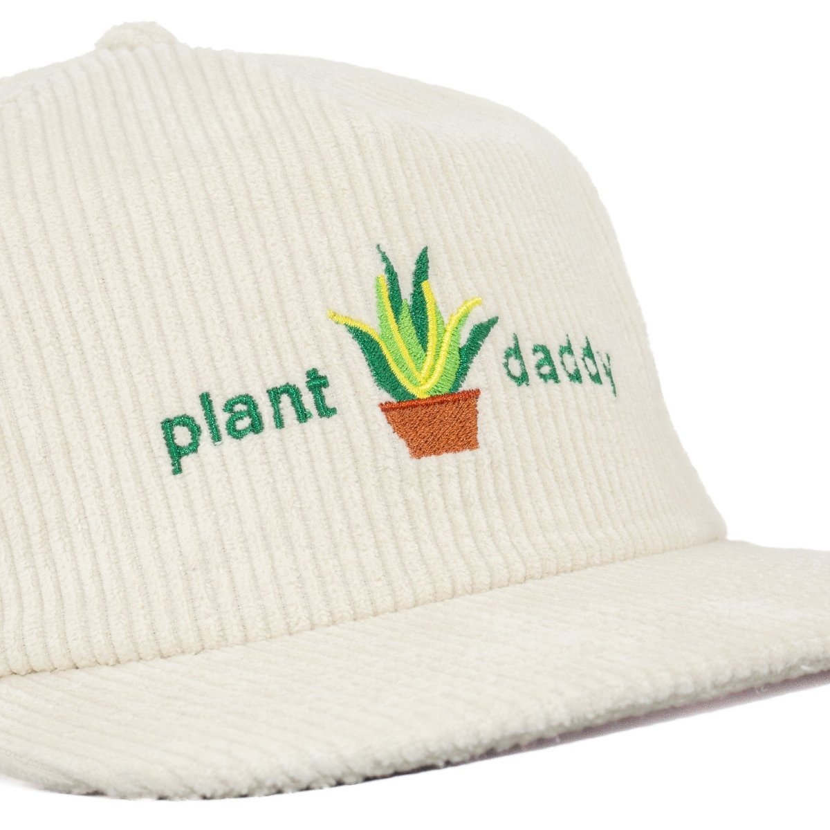 Plant Daddy Hat for Green Thumbs - White Corduroy Snapback Hat - Closeup