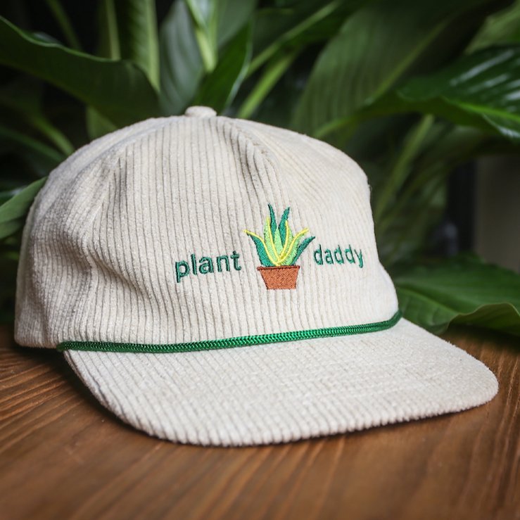 Plant Daddy Hat for Green Thumbs - White Corduroy Snapback Hat with Green Rope on Desk