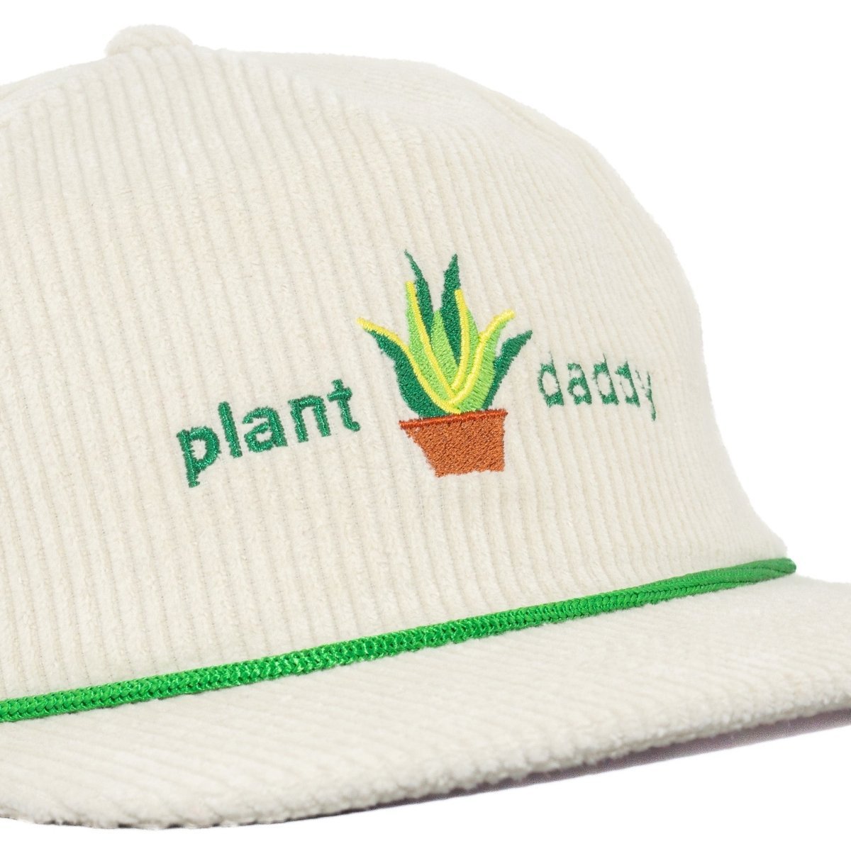 Plant Daddy Hat for Green Thumbs - White Corduroy Snapback Hat with Green Rope Closeup