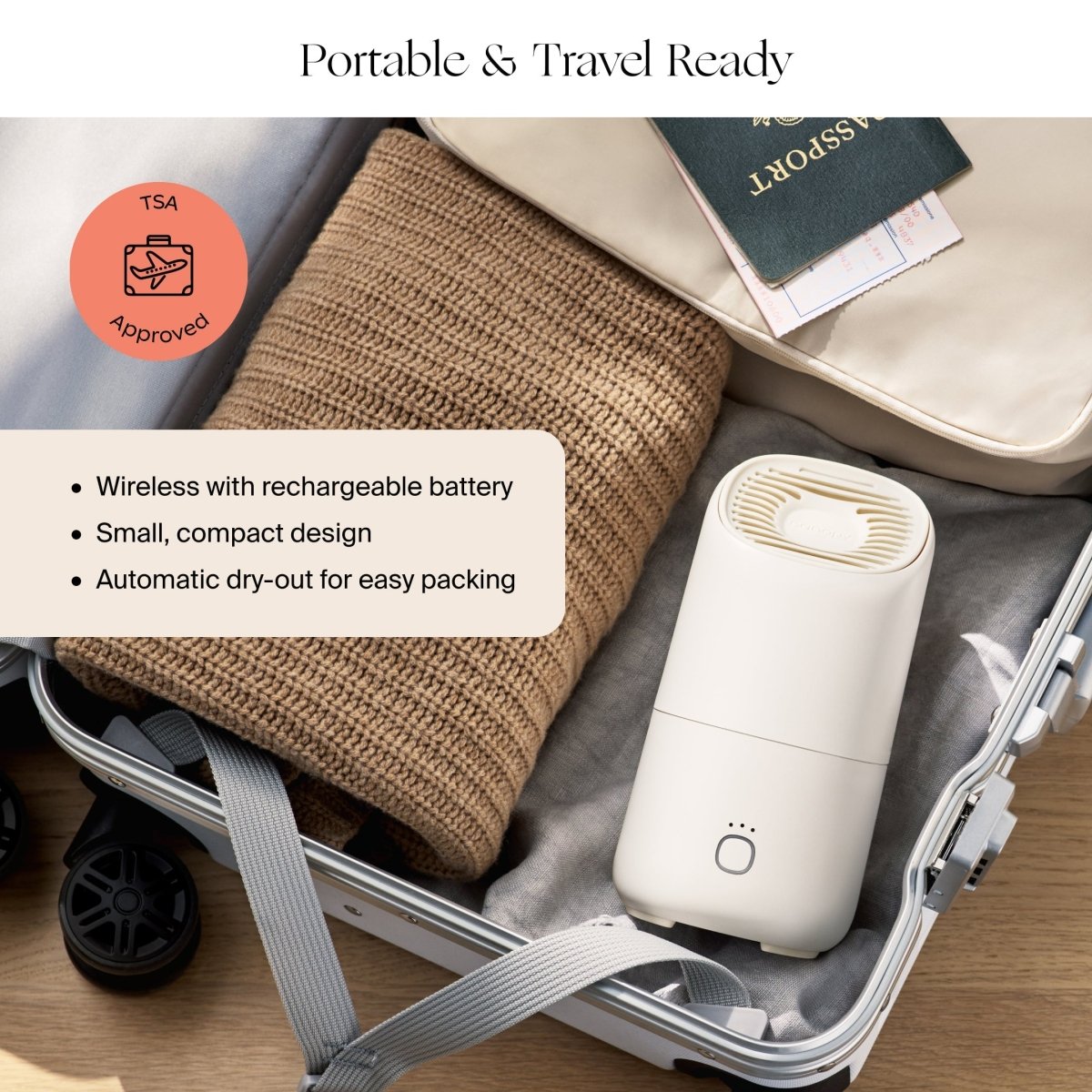Canopy Portable Humidifier – user packing the unit into travel pouch alongside passport