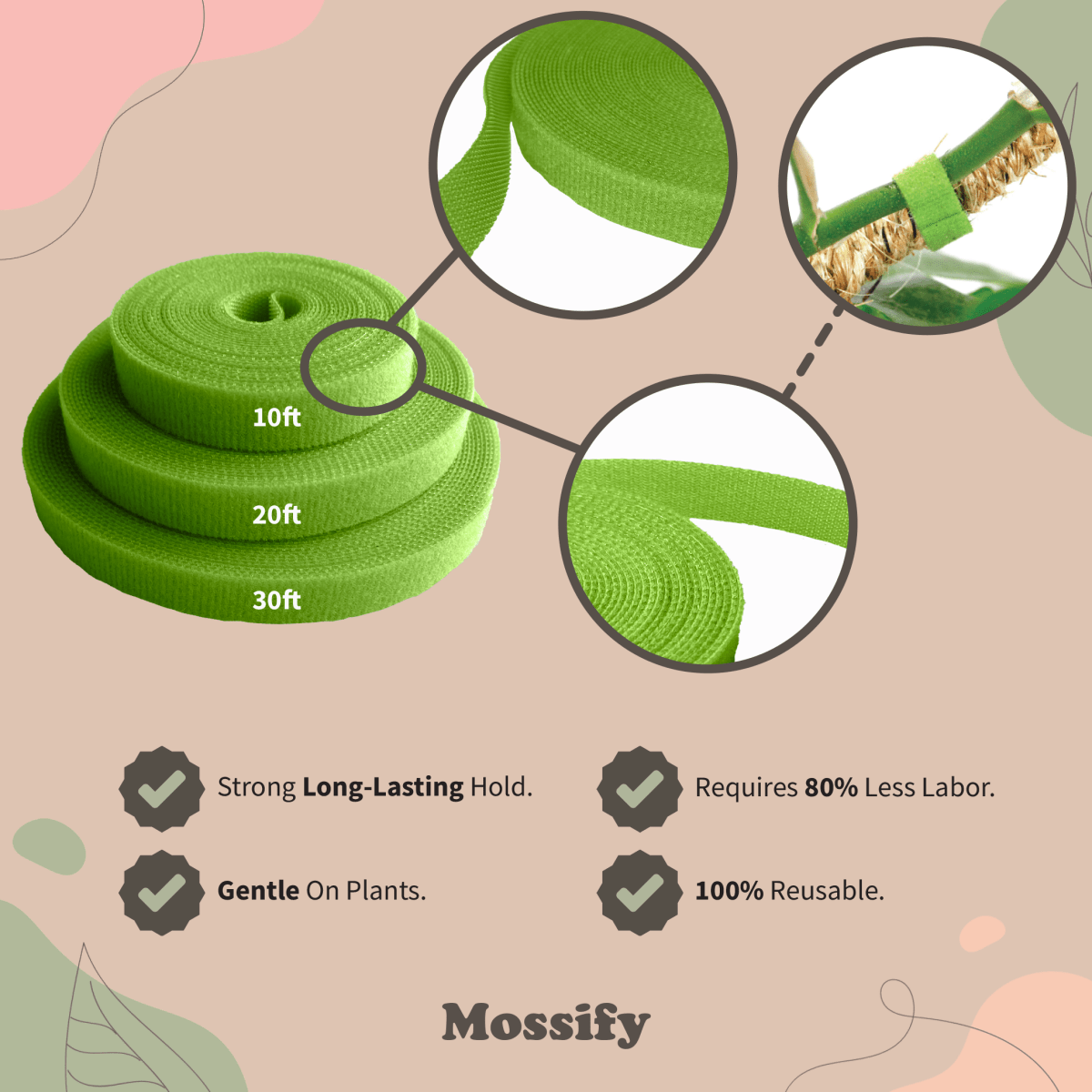 Green moss tape with product details and features on a beige background