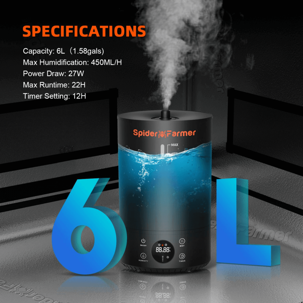 Spider Farmer Cool Mist Humidifier 6L | Compact Humidity Solution for Grow Tents - Ed's Plant Shop