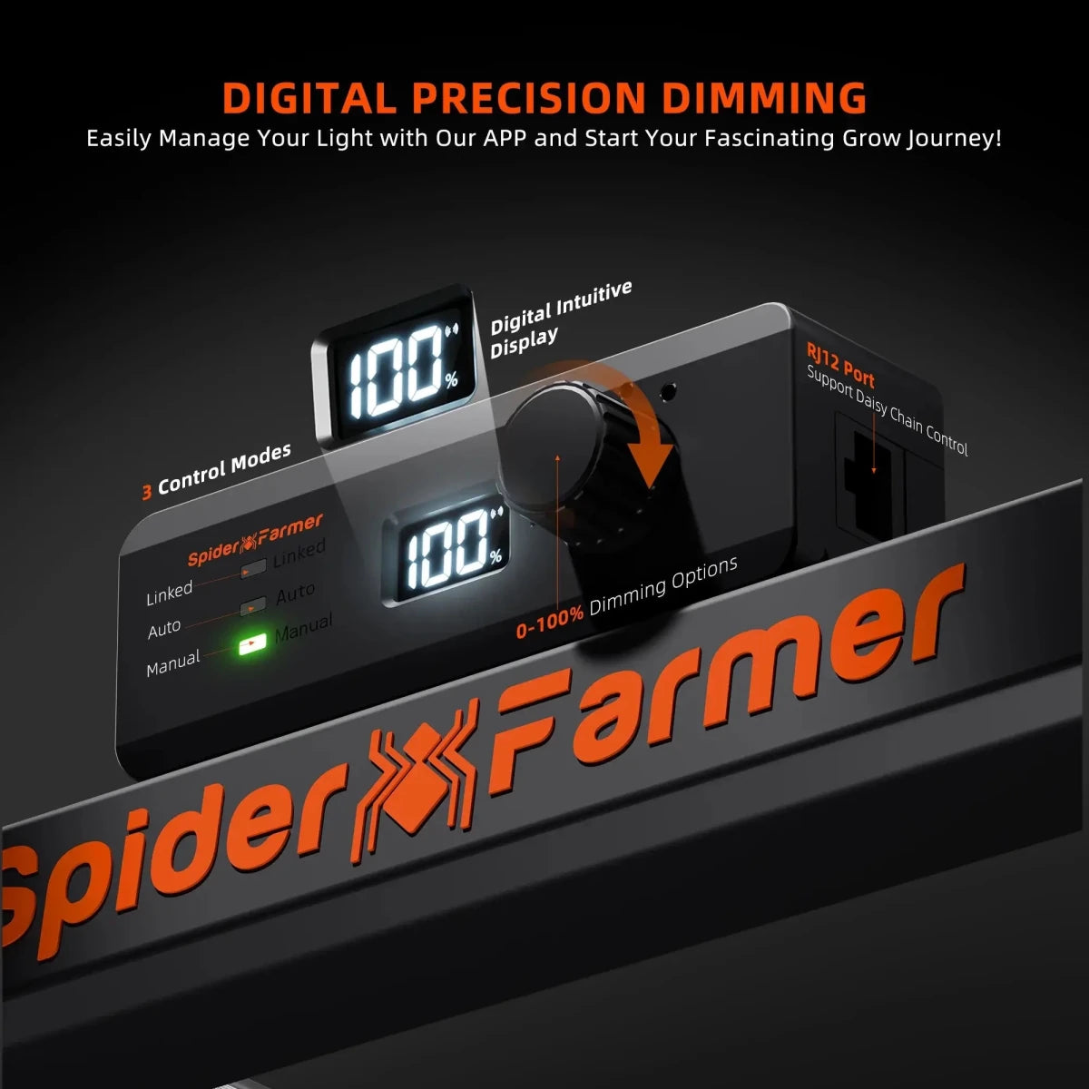 Spider Farmer digital grow light controller with digital display and branding on a dark background