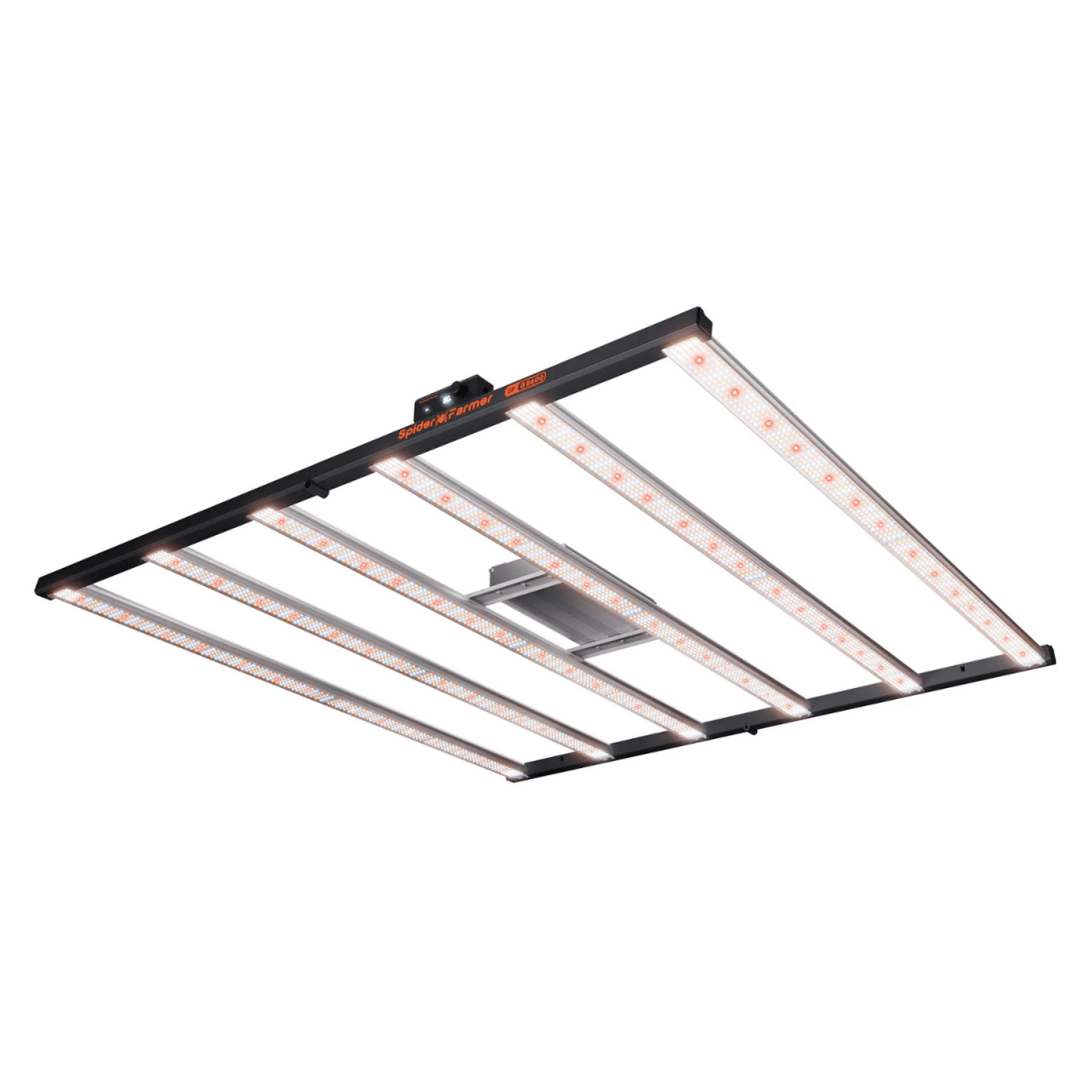 A Spider Farmer G8600 860W Dimmable Full Spectrum LED Grow Light with a black frame and LED panels.