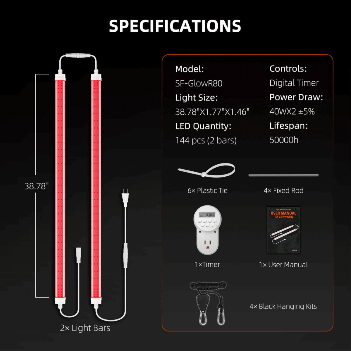 Spider Farmer GlowR80 80W 660nm Deep Red Supplemental LED Grow Light Bar - Ed's Plant Shop