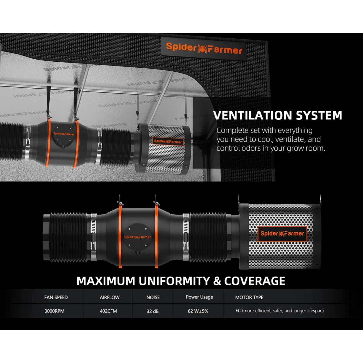 Spider Farmer Grow Kit 6" Inline Duct Fan and Carbon Filter Combo - Ed's Plant Shop
