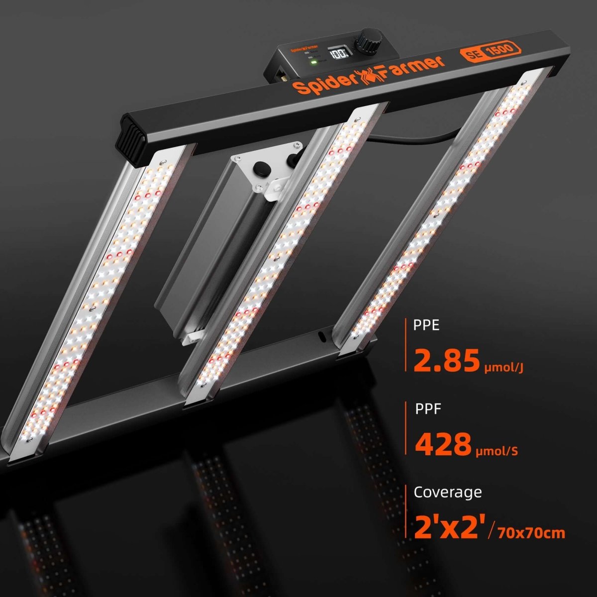 Spider Farmer LED grow light on a black background with specifications displayed.